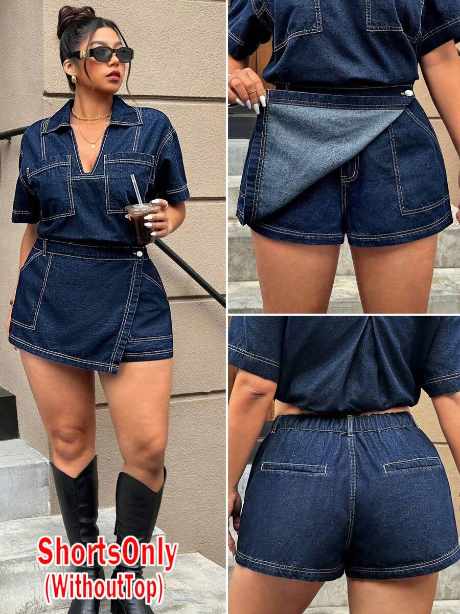 SHEIN ICON Quần denim ngắn thường ngày có túi viền bất đối xứng cho nữ cỡ lớn - Rửa tối - Xem 1