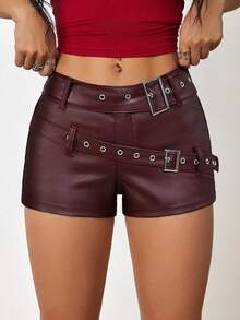 Jeanoix Women's Low Waist Double Belt Faux Leather Coated Shorts - Burgundy - View 5