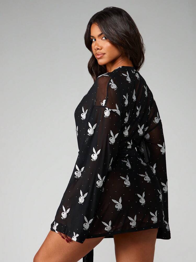 Missguided x Playboy Black Mesh Glitter Bunny Print Long Sleeve Wrap Robe With Belt Lingerie Sleepwear