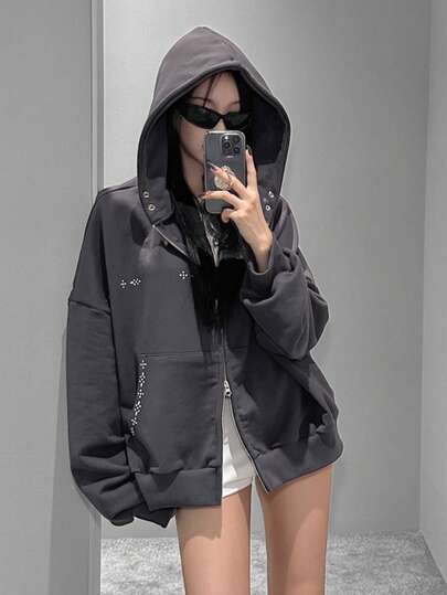 DAZY Women's Casual Loose Rivet Hooded Sweatshirt Jacket Women Coats