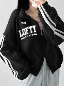 DAZY 女士休闲字母印花宽松卫衣 - 黑色 - 查看 6