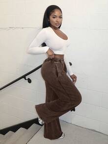 Alexandranx Quần thể thao rộng rãi cạp chun màu trơn cho nữ - màu nâu - Xem 6