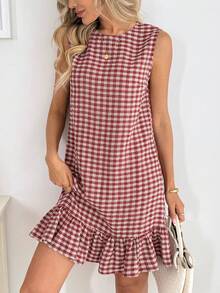 Easowa 红白格子荷叶边下摆无袖圆领女式迷你连衣裙 - 紅白色 - 查看 4