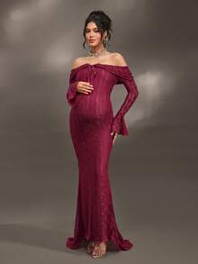 Cheriluna Maternity 优雅露肩白色蕾丝长袖鱼尾长裙，适合婚礼、派对、迎婴派对、孕妇写真、洗礼等场合。 - 中紫紅色 - 查看 1