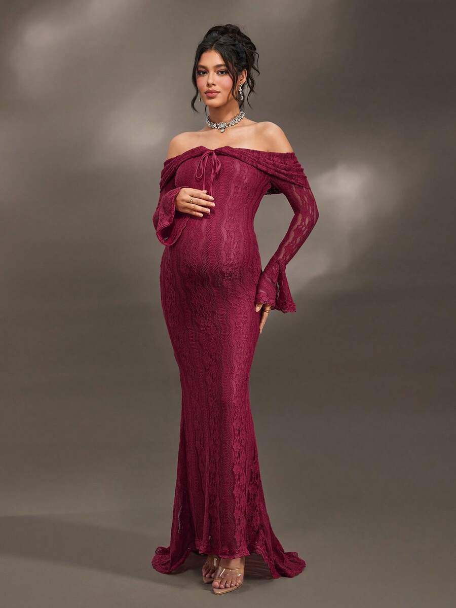 Cheriluna Maternity 优雅露肩白色蕾丝长袖鱼尾长裙，适合婚礼、派对、迎婴派对、孕妇写真、洗礼等场合。 - 中紫紅色 - 查看 1