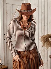 Wildy 女士休闲乡村风条纹长袖上衣，秋冬季日常百搭单品 - 彩色 - 查看 5