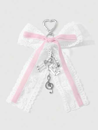 Kawaii 1 pezzo Elegante e minimalista, ciondolo portachiavi in pelle bianca con fiocco, decorazione a stella e cuore, di alta qualità, con catena d'argento, adatto per le donne, per uso quotidiano o come regalo
