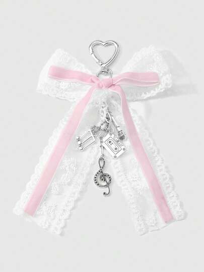 Kawaii 1 pezzo Elegante e minimalista, ciondolo portachiavi in pelle bianca con fiocco, decorazione a stella e cuore, di alta qualità, con catena d'argento, adatto per le donne, per uso quotidiano o come regalo