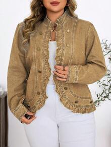 SHEIN Mature Denim 大码休闲度假水洗牛仔外套 - 卡其色 - 查看 3