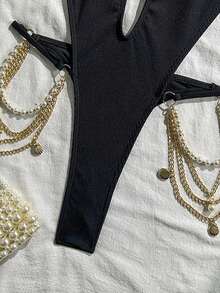 Swim SXY 女士新款性感纯色吊带V领镂空金属环露背吊带连体泳衣，春夏款 - 黑色 - 查看 7