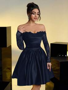 Lovelzi 优雅奢华黑色露肩薄纱长袖蕾丝拼接缎面褶皱长裙，适合婚礼、派对、度假、舞会、短款正式礼服（厚实耐用） - 藏蓝色 - 查看 3