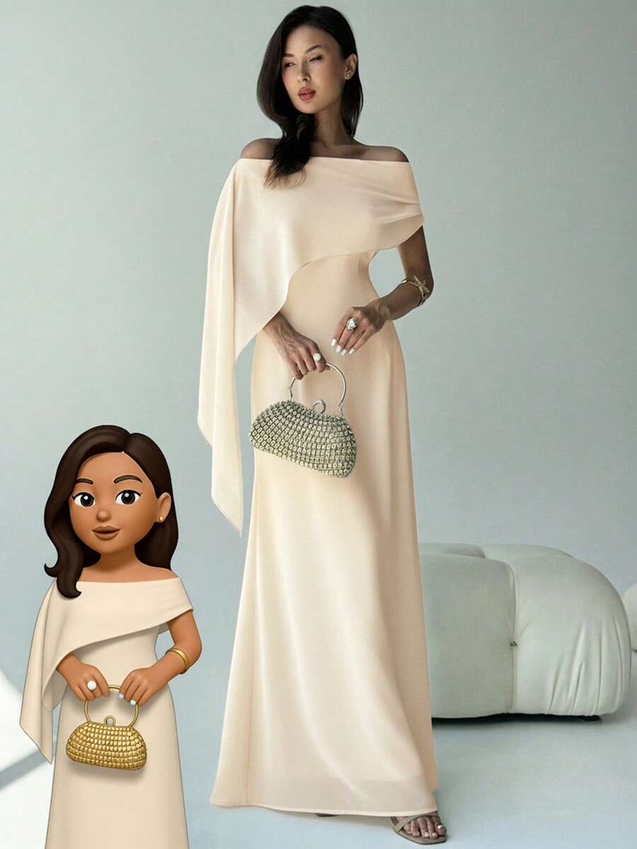 Aloruh Váy suông cổ thuyền lệch vai ôm vừa vặn mới có chi tiết buộc nơ, váy đuôi cá dài màu xanh lá cây đa năng cho sinh nhật, tiệc tùng, cocktail - Màu be - Xem 1