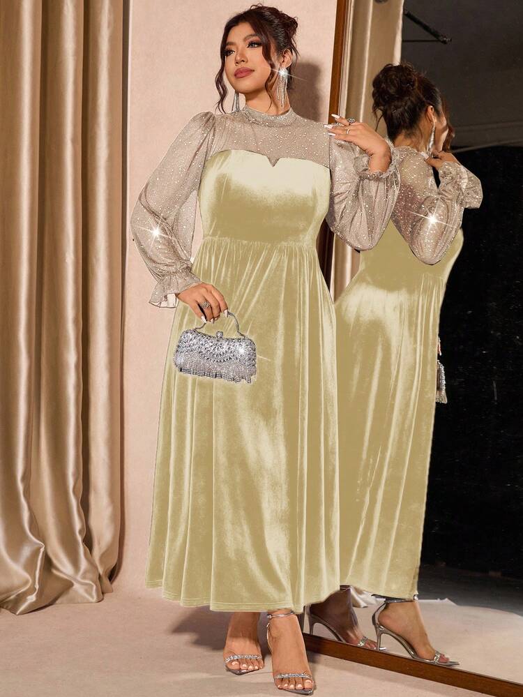 Cravure 大码女式网纱天鹅绒优雅泡泡袖连衣裙，收腰设计，适合派对穿着 - 杏色 - 查看 6