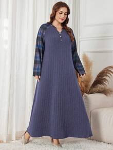 Lacomfia Váy kẻ caro thường ngày thanh lịch cỡ lớn - Màu tím - Xem 6