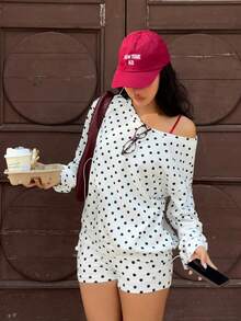 MainGRL 2件套 女士波点印花休闲长袖卫衣和短裤套装 - 黑與白 - 查看 7