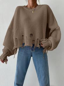 EURMUSE Women's Solid Color Simple Distressed Long Sleeve Sweater - Mocha Brown - View 3
