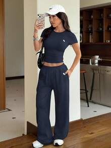 Muchica Women's Casual Short Sleeve T-Shirt And Pants 2 Pieces Set, Summer Pants Set Two Pieces - Navy Blue - View 3