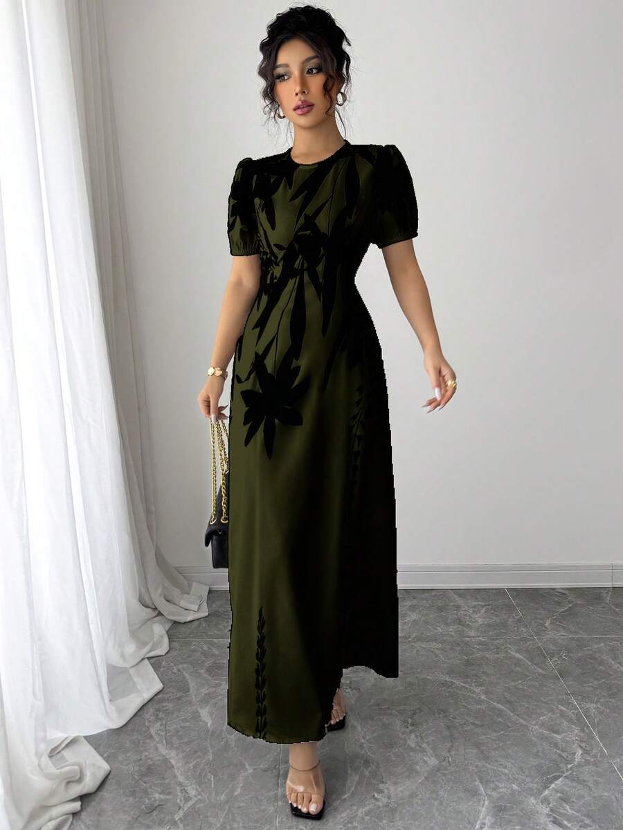 SHEIN Elenzya 定位印花圆领泡泡袖收腰连衣裙 - 墨綠色 - 查看 1
