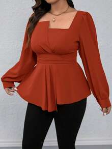 SHEIN Clasi Áo sơ mi tay dài cổ vuông màu trơn viền bèo nhún cỡ lớn, thường ngày cho dịp Giáng sinh, áo peplum - Màu Cam cháy - Xem 8