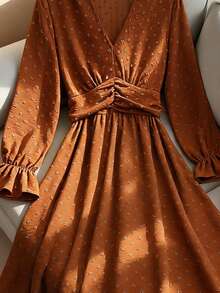 Franclia Elegant Solid Color Textured Waist Cinching Midi Dress, Suitable For Commuting In Autumn - Orange - View 5