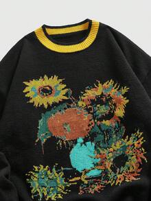 ROMWE MEN Men's Crew Neck Sunflower Print Knit Sweater, Retro Fashion - Black - View 3