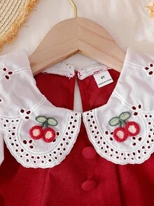 Đầm suông dài tay cổ tròn ren trắng họa tiết quả anh đào 3D cho bé gái, thích hợp mặc dự tiệc, mặc hàng ngày, ngọt ngào và dễ thương, mùa xuân/thu - Đỏ - Xem 4