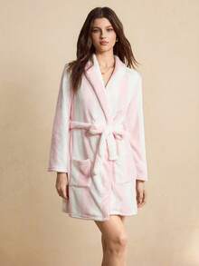 EverLounge Pink & White Striped Pattern Comfortable Belted Bathrobe For Women, Fluffy Winter - Multicolor - View 3