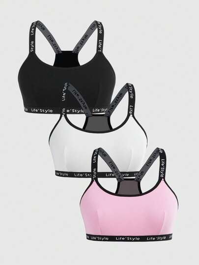 3pcs Comfortable Wireless Letter Jacquard Bras For Teen Girls