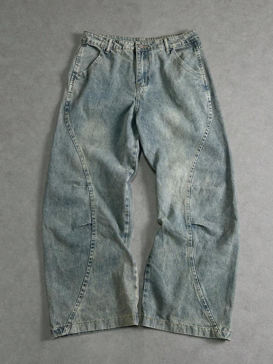 Manfinity ZONE917 男式宽松口袋阔腿休闲百搭牛仔裤 - 中等水洗藍 - 查看 1