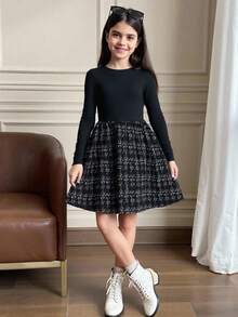 SHEIN Tween Girls Black Elegant Dress With Plaid Skirt For Winter Tween Girl Corduroy Puff Sleeve Button Ruffle Hem Dress & Retro Beret Set, Casual Outfit For Home, Outdoor, School Wear, Autumn/Winter - Brown - View 1