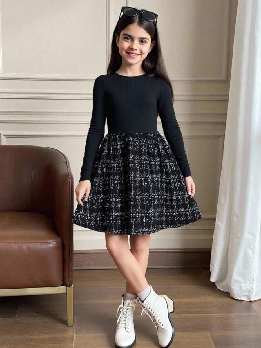 SHEIN Tween Girls Black Elegant Dress With Plaid Skirt For Winter Tween Girl Corduroy Puff Sleeve Button Ruffle Hem Dress & Retro Beret Set, Casual Outfit For Home, Outdoor, School Wear, Autumn/Winter - Brown - View 1