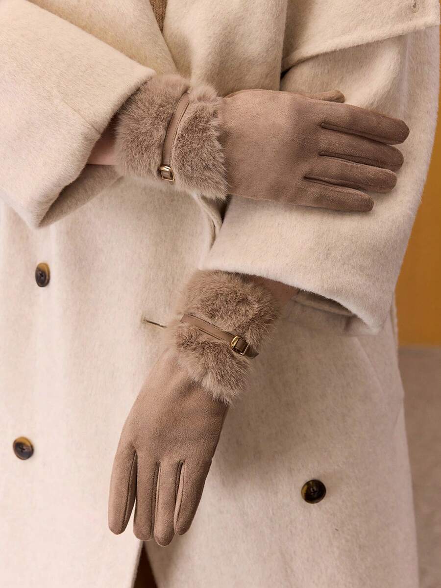 MOTF PREMIUM 女士时尚百搭保暖露指手套，秋冬季 - 卡其色 - 查看 2