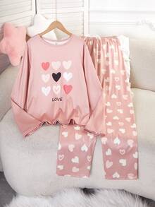 SHEIN Valentine's Day  2pcs/Set Teen GirlPink Heart & Letter Print Pajama Set, Long Pants & Long Sleeve, Comfortable Loungewear - Multicolor - View 1