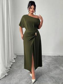 Elenzga Plus Size Women's Solid Color Asymmetric Ruffle Hem Split Elegant Dress, Metal Decor Button - Army Green - View 3