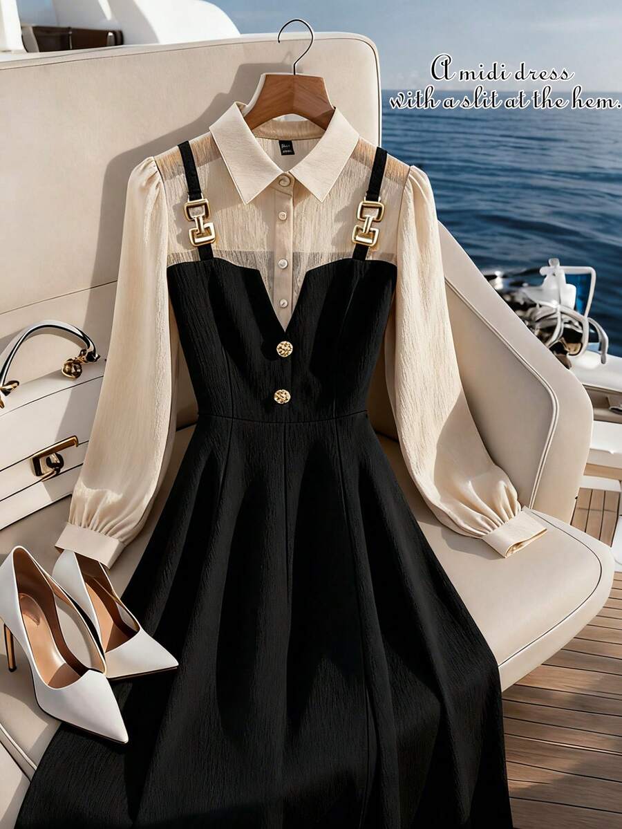 GlowEve CURVE 大码女式透视撞色翻领系腰长袖优雅百搭中长连衣裙 - 杏色 - 查看 1