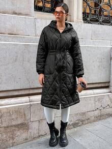 EURMUSE Drawstring Waist Hooded Quilted Coat - Black - View 4