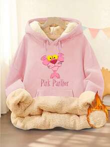 Sudadera holgada de mujer estilo casual con estampado, tela gruesa afelpada, capucha, manga larga, invierno, uso diario/deportivo - Rosa - Ver 1