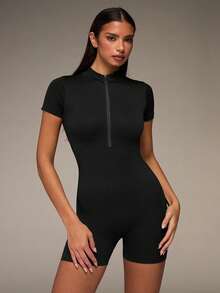 SHEIN BAE Half Zip Ribbed Knit Sports Romper - Black - View 5