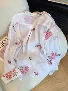 Airaco Women's Fashion Casual Romantic Embroidered Floral Long Sleeve Button-Up Shirt - White - View 2