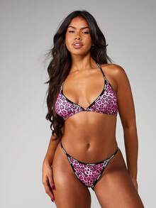 Missguided x Playboy 豹纹印花文胸和丁字裤套装，三角罩杯，绑带设计 - 彩色 - 查看 4