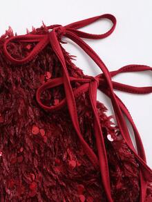 Sweetra تنورة على شكل حرف A مزينة بالترتر البرغندي والفرو الصناعي، ملابس حفلات عصرية للنساء - عنابي اللون - مشاهدة 4