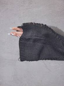 ROMWE Avant Y2K Punk Ripped Design Waist Cinched Flare Sleeve Metal Grommet Accent One Shoulder Sweater - Dark Grey - View 8