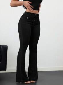 SHEIN Tall Women's Jeans Skinny Stretch Flare Breasted Jeans Blue Jeans Leggings Flare Women Tights Fall Pants Denim Pants Tall Jeans Homecoming - Black - View 5