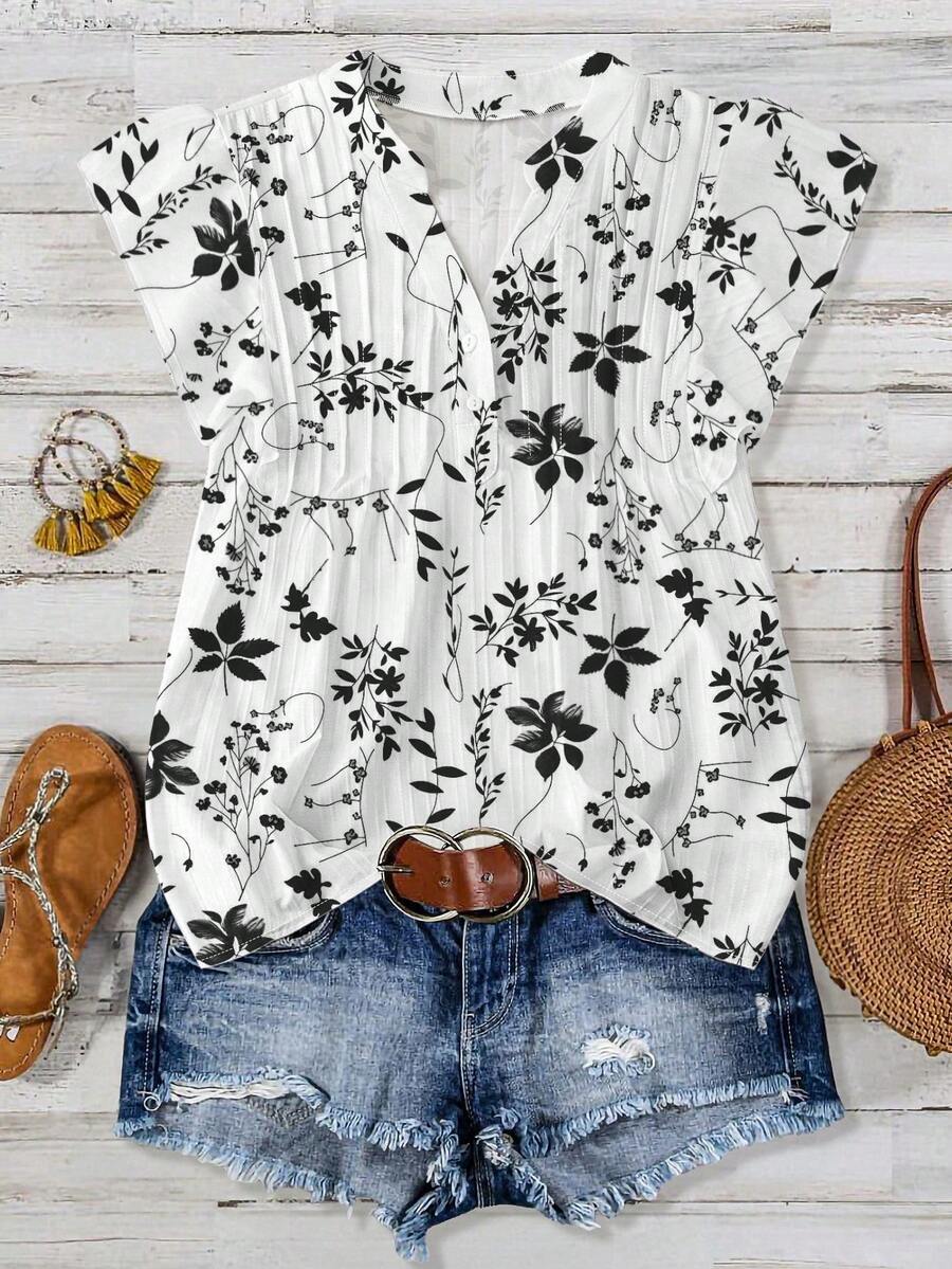 Linhara 大码女式纹理花卉印花V领荷叶袖衬衫 - 白色 - 查看 1