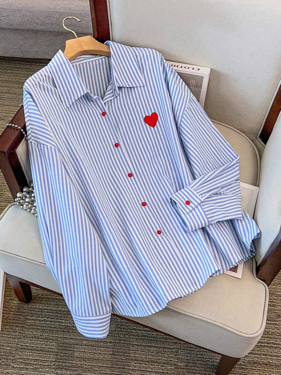 GlowEve CURVE Áo cánh dài tay họa tiết nấm màu đỏ tương phản cỡ lớn dành cho nữ, họa tiết trái tim sọc thêu thanh lịch, đa năng - Màu xanh lam - Xem 1