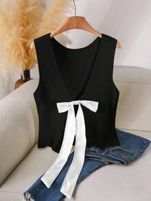 CosyJoli Plus Size Swobodny Odkryty Plecy Muszka Kontrastowy Kolor Rozcięcie Sweter Kamizelka Wiązany z Przodu Top Elegancki Top Kamizelka z Dekoltem w Serek Kokarda Top Elegancki Top Eleganckie Topy Top Bez Rękawów Top Dzianinowy z Dekoltem w Serek Jesień/Zima - Czarne - Zobacz 4