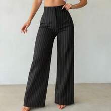 Pantalón de Vestir Elegante De Pera Ancha con Pinzas tiro Alto - negro lineas - Ver 2