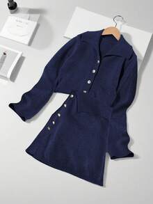 Franclia Set di cardigan a maniche lunghe monopetto in maglia tinta unita e gonna aderente in maglia, autunno/inverno, per donna - Blu Navy - Visualizzare 3