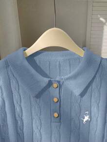 Franclia 撞色滚边简约长袖刺绣马头马球领针织毛衣 - 藍色 - 查看 4