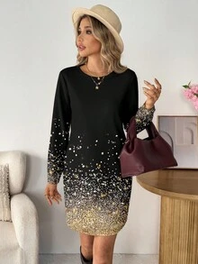 SHEIN LUNE Váy ngắn tay dài đính sequin lấp lánh đơn giản, giản dị dành cho nữ, thích hợp cho tiệc thu đông và năm mới - Nhiều màu - Xem 5